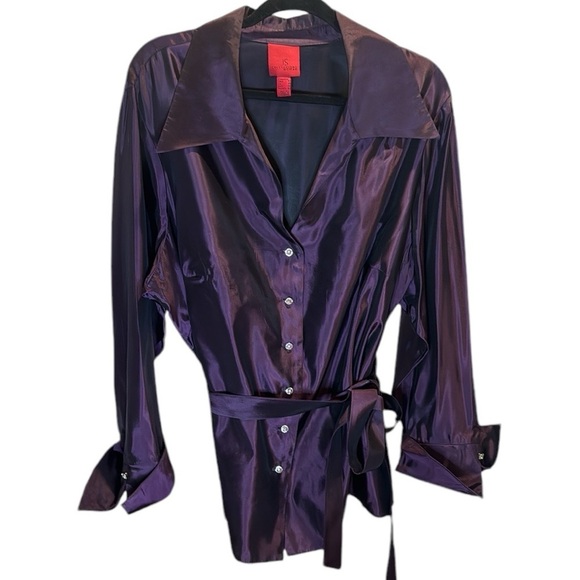 JS Collection Purple Tafetta Shiny Holiday New Years Button Belted blouse top - Picture 1 of 13